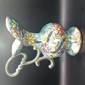 Vintage H Bequet #317 Hand Painted Belgium Pitcher Vase Blue Floral Gold Trim